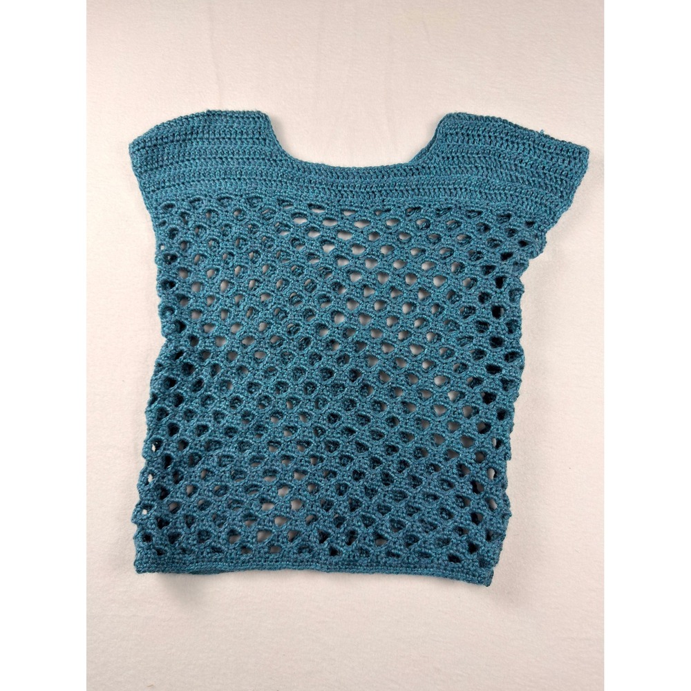 Handmade Crochet Teal Blue Open Knit Fishnet Sleeveless Top Boho Mesh Tank